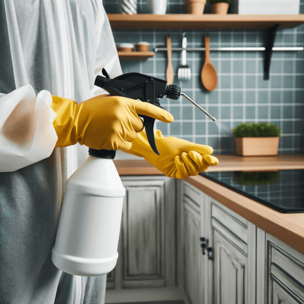 A pest control technician spraying for bugs. An AI representation.