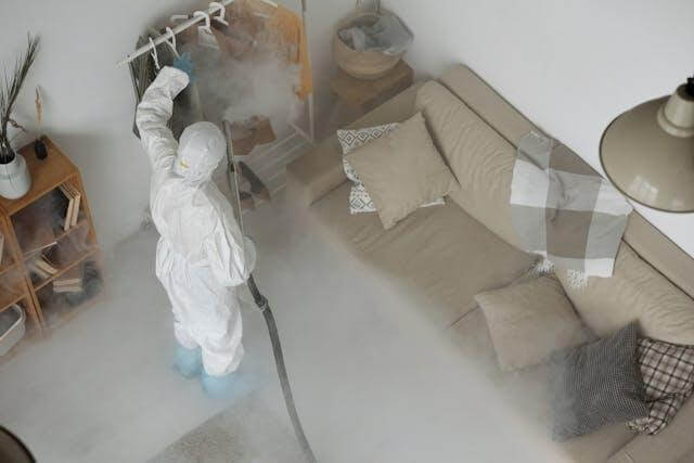 Pest control expert in a living room with protective gear